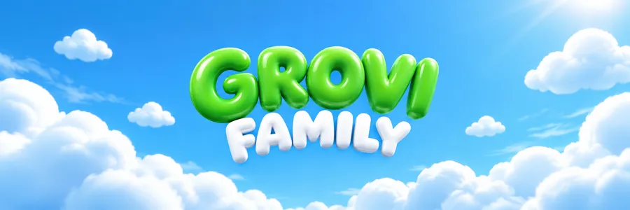 Grovi Family logo in green and white letters floating in a blue sky with clouds